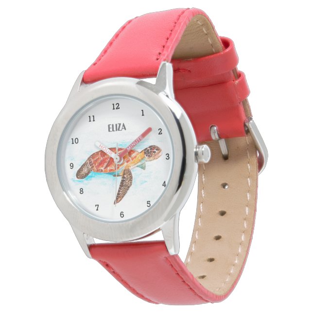 Schattigee Meisjes Roze Zee Schildpad Dier Kinder Horloge (Gekanteld)