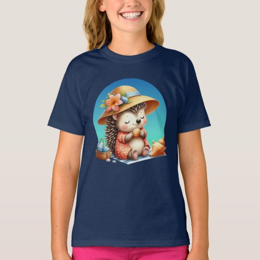 Schattigee meisjes strand egel aanpasbaar t-shirt (Voorkant)