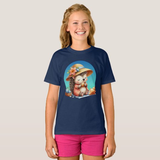 Schattigee meisjes strand egel aanpasbaar t-shirt (Voorkant volledig)