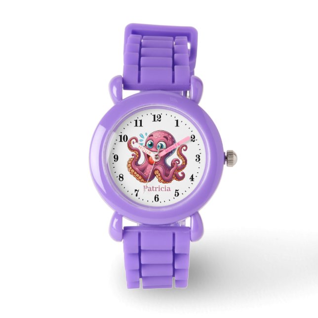 Schattigee meisjes strand octopus Voeg naam toe Horloge (Voorkant)