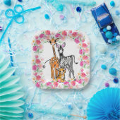 Schattigee meisjessafari vrienden, giraffe, zebra, papieren bordje (Feest)