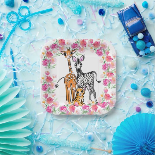 Schattigee meisjessafari vrienden, giraffe, zebra, papieren bordje (Feest)