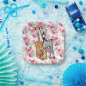 Schattigee meisjessafari vrienden, giraffe, zebra, papieren bordje (Feest)