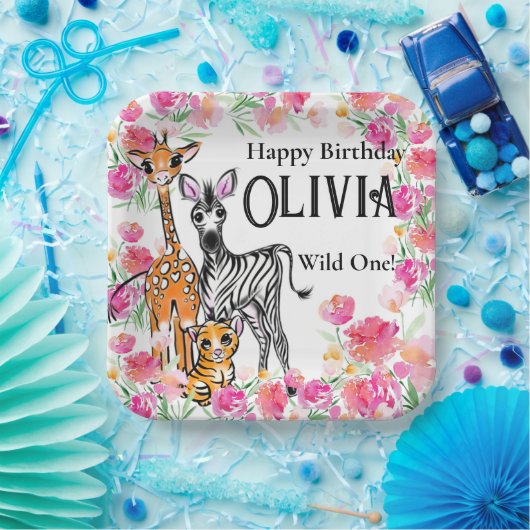 Schattigee meisjessafari vrienden, giraffe, zebra, papieren bordje (Feest)