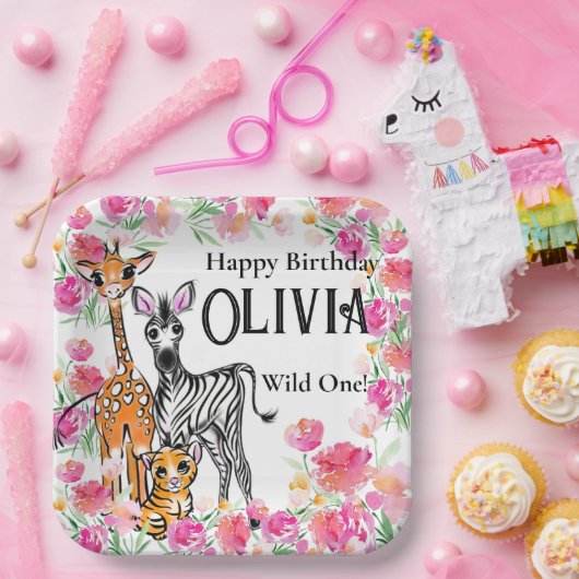 Schattigee meisjessafari vrienden, giraffe, zebra, papieren bordje (Feest)