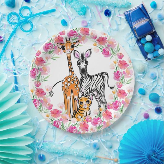 Schattigee meisjessafari vrienden, giraffe, zebra, papieren bordje (Feest)