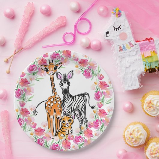 Schattigee meisjessafari vrienden, giraffe, zebra, papieren bordje (Feest)