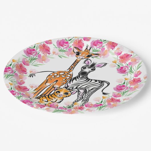 Schattigee meisjessafari vrienden, giraffe, zebra, papieren bordje (Gekanteld)