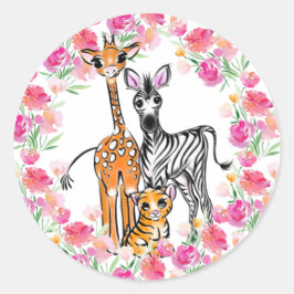 Schattigee meisjessafari vrienden, giraffe, zebra, ronde sticker