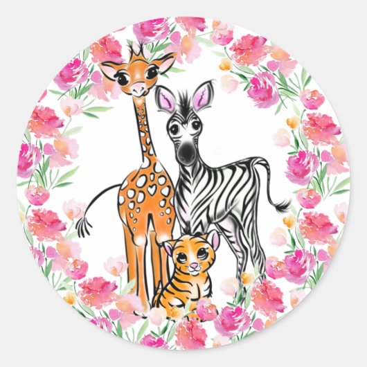 Schattigee meisjessafari vrienden, giraffe, zebra, ronde sticker (Voorkant)