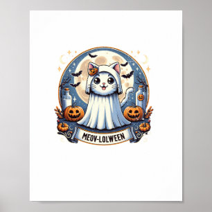 Schattigee Meow-lolween Cat in Ghost Kostuum Hallo Poster