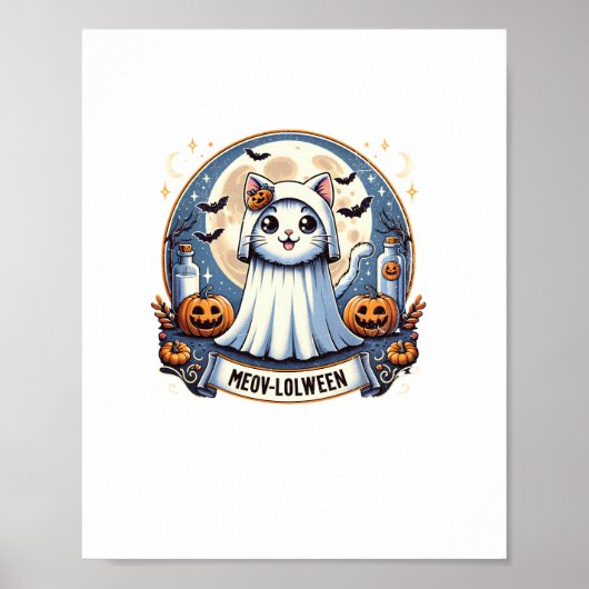 Schattigee Meow-lolween Cat in Ghost Kostuum Hallo Poster (Voorkant)