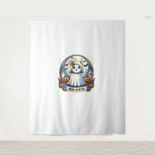 Schattigee Meow-lolween Cat in Ghost Kostuum Hallo Wandkleed