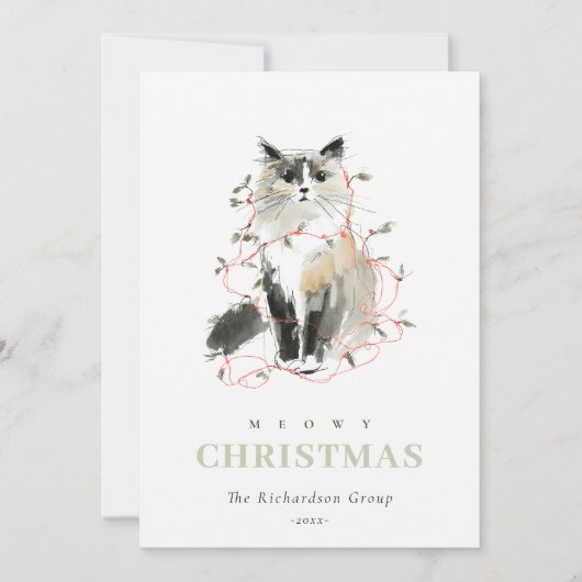 Schattigee Meowy Christmas Light Cat Corporate Log Feestdagenkaart (Voorkant)