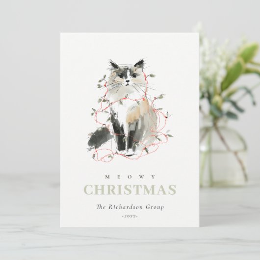 Schattigee Meowy Christmas Light Cat Corporate Log Feestdagenkaart (Staand voorkant)