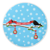 Schattigee merel en kardinaal op de tak - MERRY XM Keramische Knop (Voorkant)