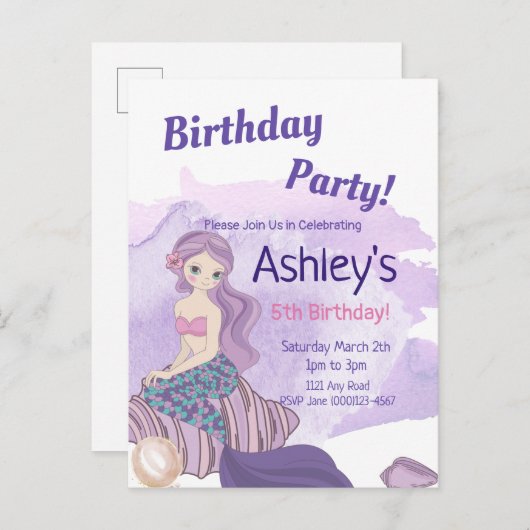 Schattigee Mermaid Party Uitnodiging, Mermaid Verj Uitnodiging Briefkaart (Voorkant / Achterkant)