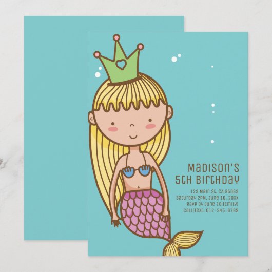 Schattigee Mermaid Princess Verjaardagsfeestje Uit Kaart (Voorkant / Achterkant)