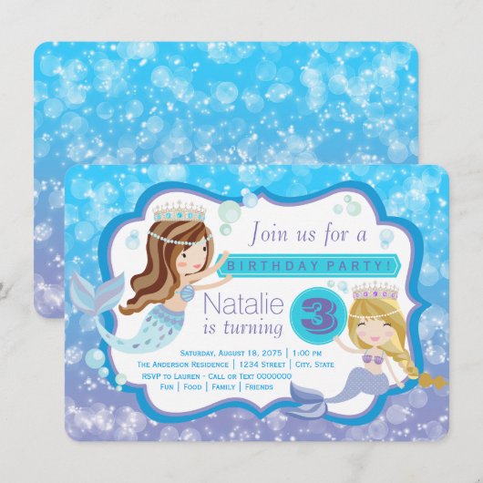 Schattigee Mermaid verjaardagsfeestuitnodigingen Kaart (Voorkant / Achterkant)