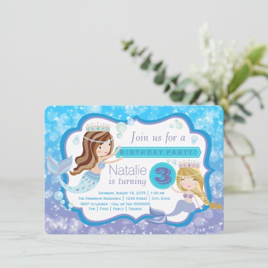 Schattigee Mermaid verjaardagsfeestuitnodigingen Kaart (Staand voorkant)