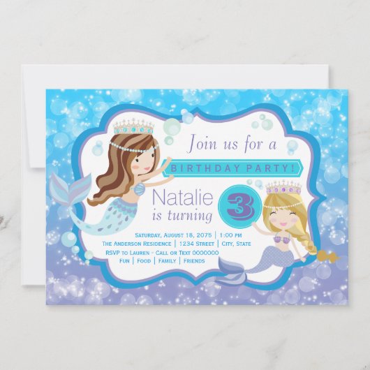 Schattigee Mermaid verjaardagsfeestuitnodigingen Kaart (Voorkant)