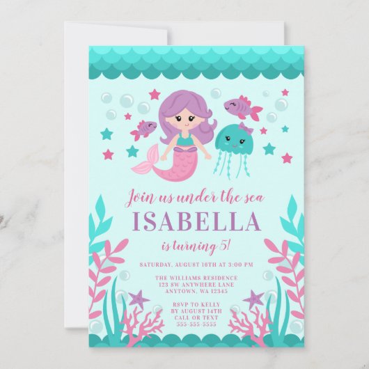 Schattigee Mermaid verjaardagsfeestuitnodigingen Kaart (Voorkant)