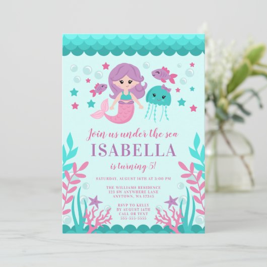 Schattigee Mermaid verjaardagsfeestuitnodigingen Kaart (Staand voorkant)