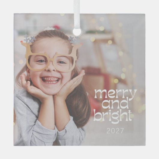 Schattigee Merry Bright White Text Custom Photo Ov Glas Ornament (Voorkant)