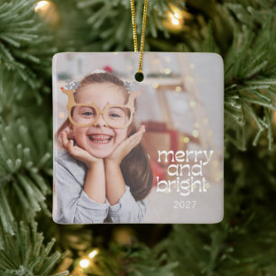 Schattigee Merry Bright White Text Custom Photo Ov Keramisch Ornament