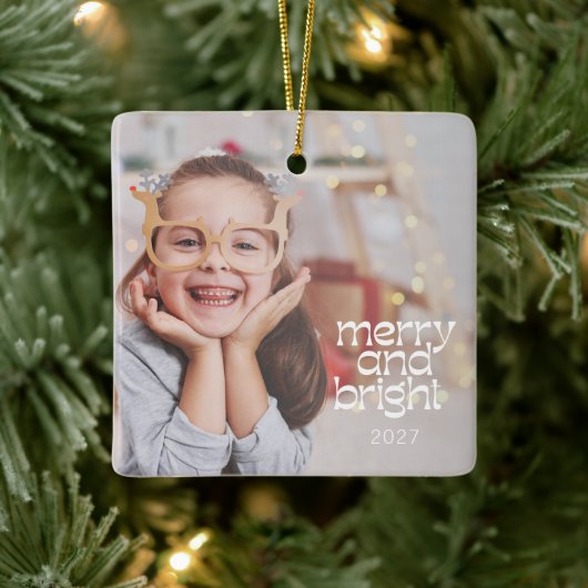 Schattigee Merry Bright White Text Custom Photo Ov Keramisch Ornament (Boom)