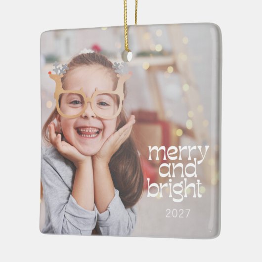 Schattigee Merry Bright White Text Custom Photo Ov Keramisch Ornament (Links)