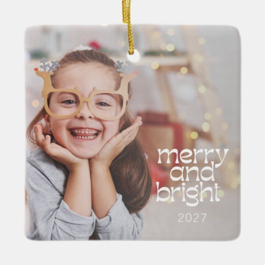 Schattigee Merry Bright White Text Custom Photo Ov Keramisch Ornament (Voorkant)