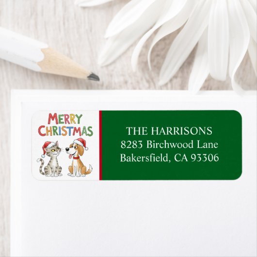 Schattigee Merry Christmas Cat and Dog Retouradres Etiket (Insitu)