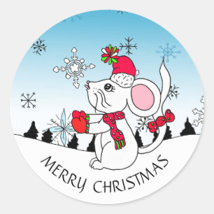 Schattigee Merry Christmas Mouse Sneeuwvlokken Ronde Sticker