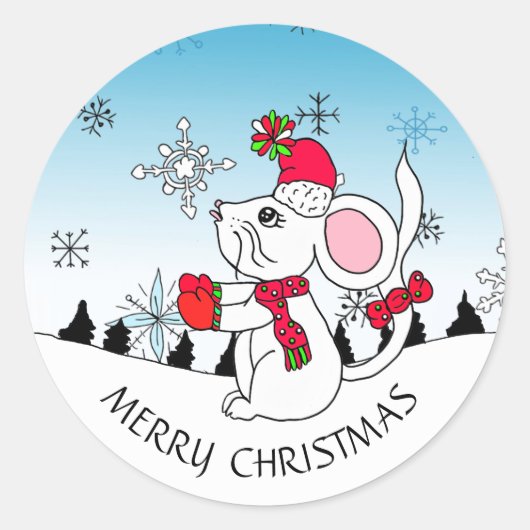 Schattigee Merry Christmas Mouse Sneeuwvlokken Ronde Sticker (Voorkant)