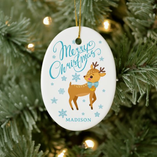 Schattigee Merry Christmas Rendier gepersonaliseer Keramisch Ornament (Boom)