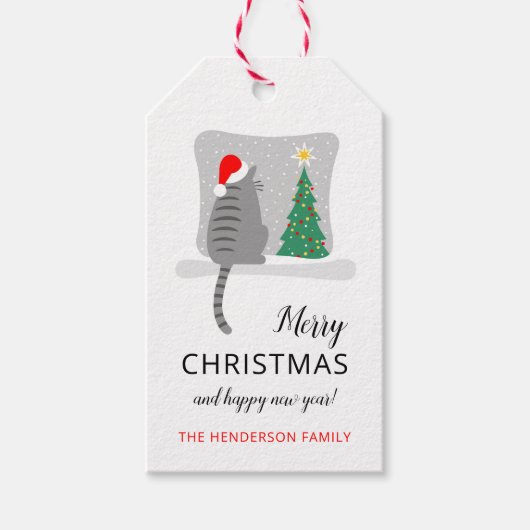 Schattigee Merry Meowy Kerstboom Kattensneeuw Cadeaulabel (Voorkant)