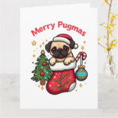 Schattigee "Merry Pugmas" Kerst Pug Kaart (Gele Bloem)