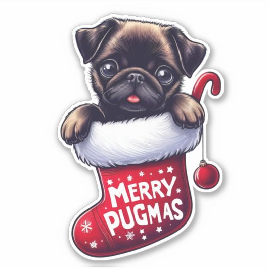 Schattigee "Merry Pugmas" Kerst Pug Sticker (Voorkant)