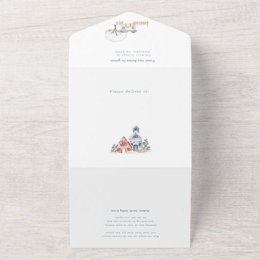 Schattigee met sneeuw bedekte kersthuisjes 4-foto all in one uitnodiging (Buitenkant)