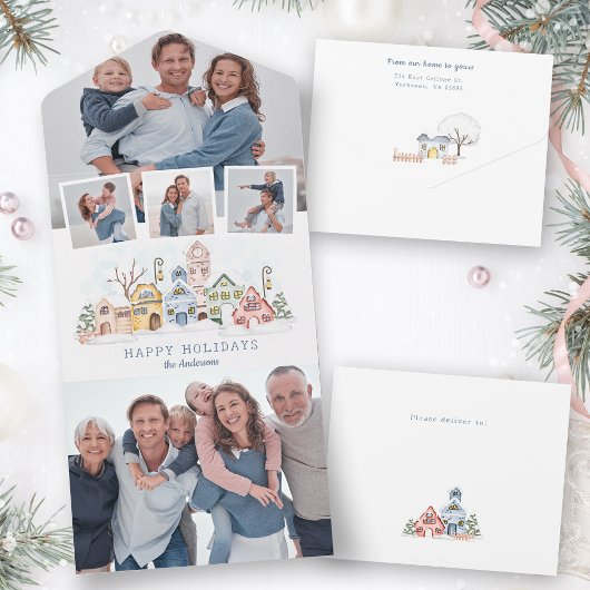 Schattigee met sneeuw bedekte kersthuisjes 4-foto all in one uitnodiging