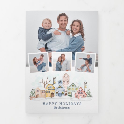 Schattigee met sneeuw bedekte kersthuisjes 4-foto drieluik kaart (Cover)