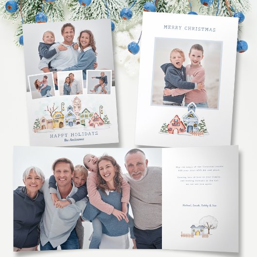 Schattigee met sneeuw bedekte kersthuisjes 4-foto drieluik kaart