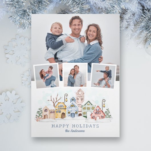 Schattigee met sneeuw bedekte kersthuisjes 4-foto feestdagenkaart