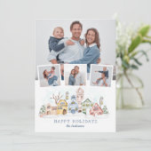 Schattigee met sneeuw bedekte kersthuisjes 4-foto feestdagenkaart (Staand voorkant)