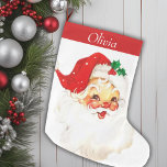 Schattigee Mid Century  Santa gepersonaliseerd Grote Kerstsok<br><div class="desc">Deze charmante kerstkous is een nostalgische knipoog naar het midden van de eeuw vakantie juichen, met een heerlijke Santa afbeelding dat warmte en vreugde uitstraalt. De voorkant toont de kerstman in zijn klassieke rode pak met roze wangen en een twinkeling in zijn oog, waarbij hij de tijdloze geest van het...</div>