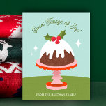 Schattigee Midcentury Plum Pudding Christmas Cake  Feestdagenkaart<br><div class="desc">Dit schattige, kleurrijke kerst briefkaart is voorzien van een handgetekende pruim pudding illustratie op een kerstboom taart standaard en getextureerd tafelkleed. Het retro midcentury moderne kleurenschema geeft een nostalgisch gevoel. De letterlijke tekst luidt: "Sweet Tidings of Joy!" Tekst sjablonen zijn opgenomen op zowel de voor- en achterkant voor eenvoudige personalisatie....</div>