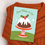 Schattigee Midcentury Retro Plum Pudding Cake Kers Feestdagen Kaart<br><div class="desc">Deze schattige,  kleurrijke kerstkaart is voorzien van een handgetekende pruimenpudding illustratie op een kerstboom taartstandaard en getextureerd tafelkleed. De letterlijke tekst luidt: "Sweet Tidings of Joy!"</div>