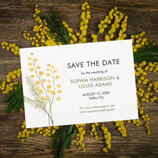 Schattigee Mimosa bloemen bruiloft Save The Date