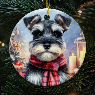 Schattigee miniatuur Schnauzer Dog Christmas Keramisch Ornament